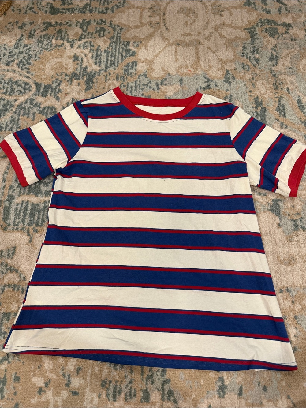 Women's Short Sleeve Crewneck Tee - White, Blue & Red Stripes